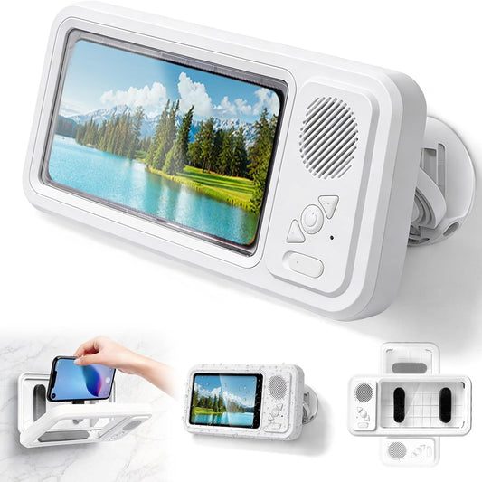 Shower Phone Holder with Speaker, Waterproof Wall Mounted Shower Phone Case for Bathroom