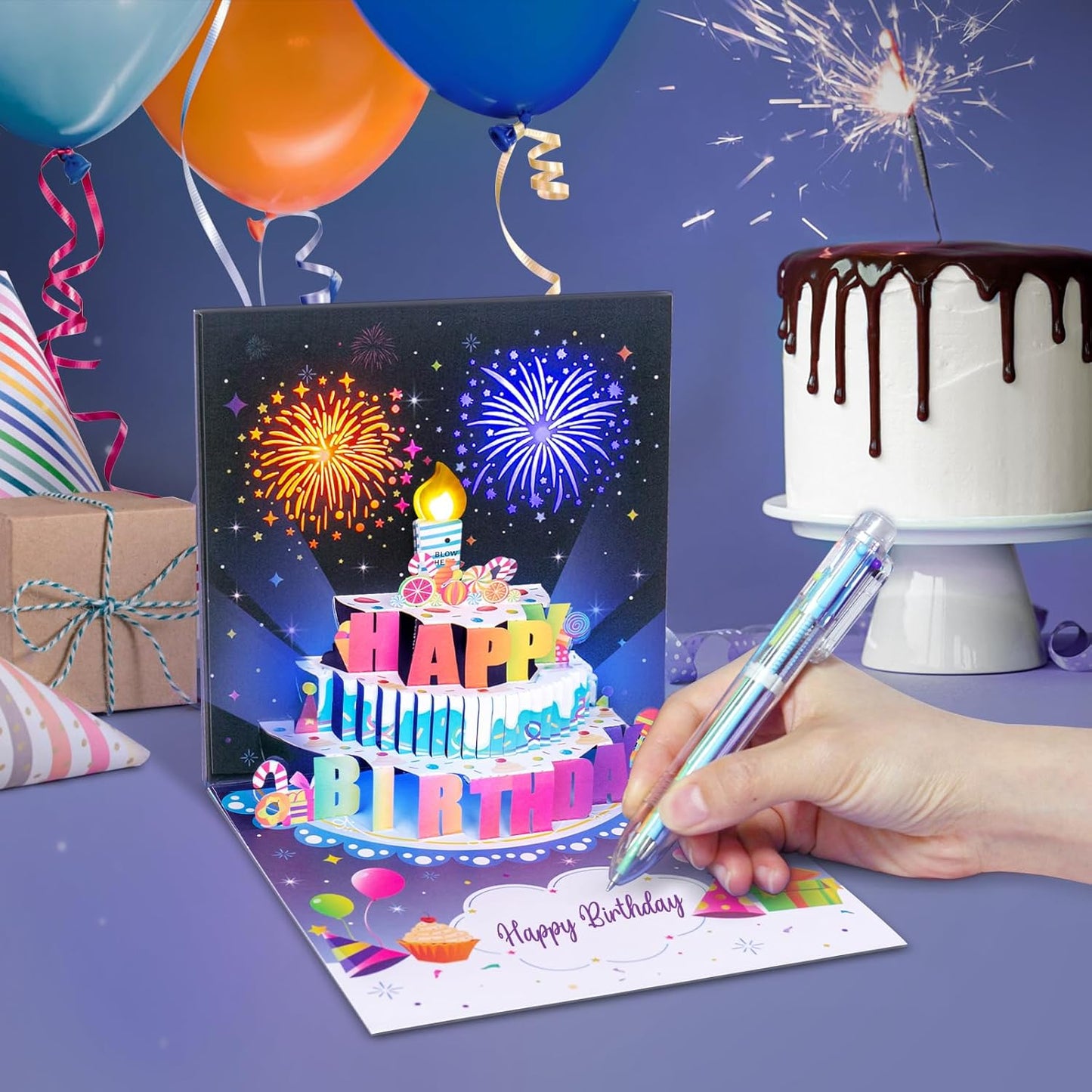 Blowable Birthday Cards 3D Pop Up Fireworks Cake Light and Music Happy Birthday Card Gifts