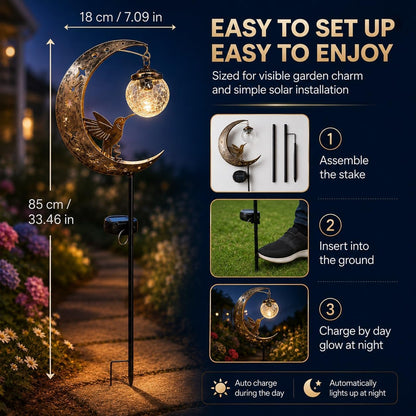 LED Metal Hummingbird Moon Solar Garden Stake Light Waterproof Crescent for Outside Yard Patio Lawn