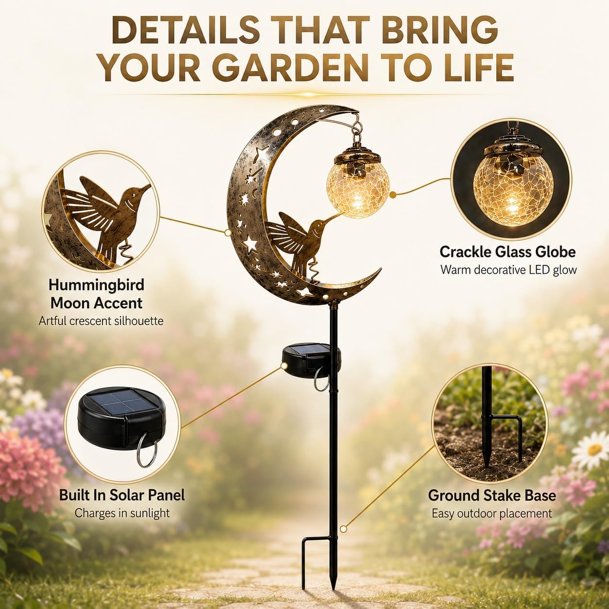 LED Metal Hummingbird Moon Solar Garden Stake Light Waterproof Crescent for Outside Yard Patio Lawn