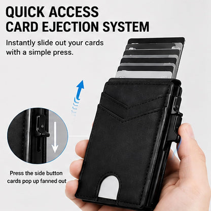 Slim Minimalist RFID Leather Wallet Pop Up Card Holder for Cash Coins & Credit Cards