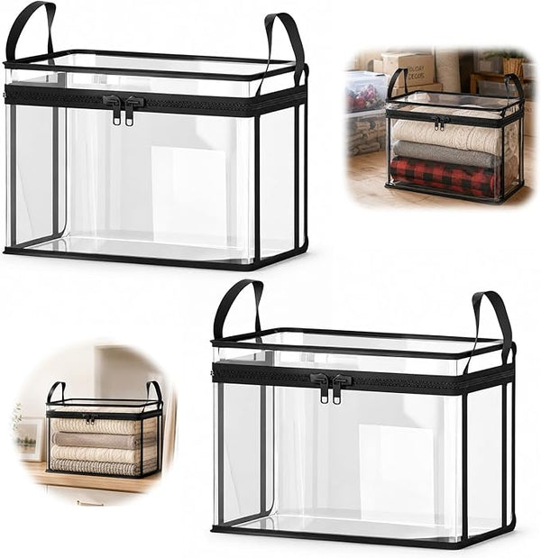 2 Pack Large Clear Thick Plastic Storage Box with Hinged Lid. for Clothes, Blankets and Books