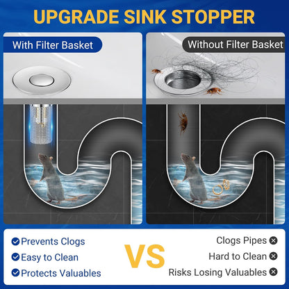 2PCS Pop-Up Bathroom Sink Drain Strainer with Removable Stainless Steel Hair Catcher Basket