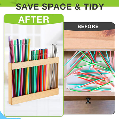 Wooden Straw Holder for Cabinet Door with Double Sided Adhesive Tape Tumbler Straw Organizer