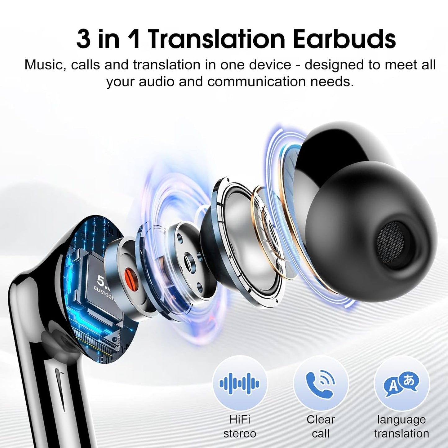AI Translation Earbuds Real Time, Simultaneous Interpretation Translator Earbuds with 6 Translation Modes/164 Languages