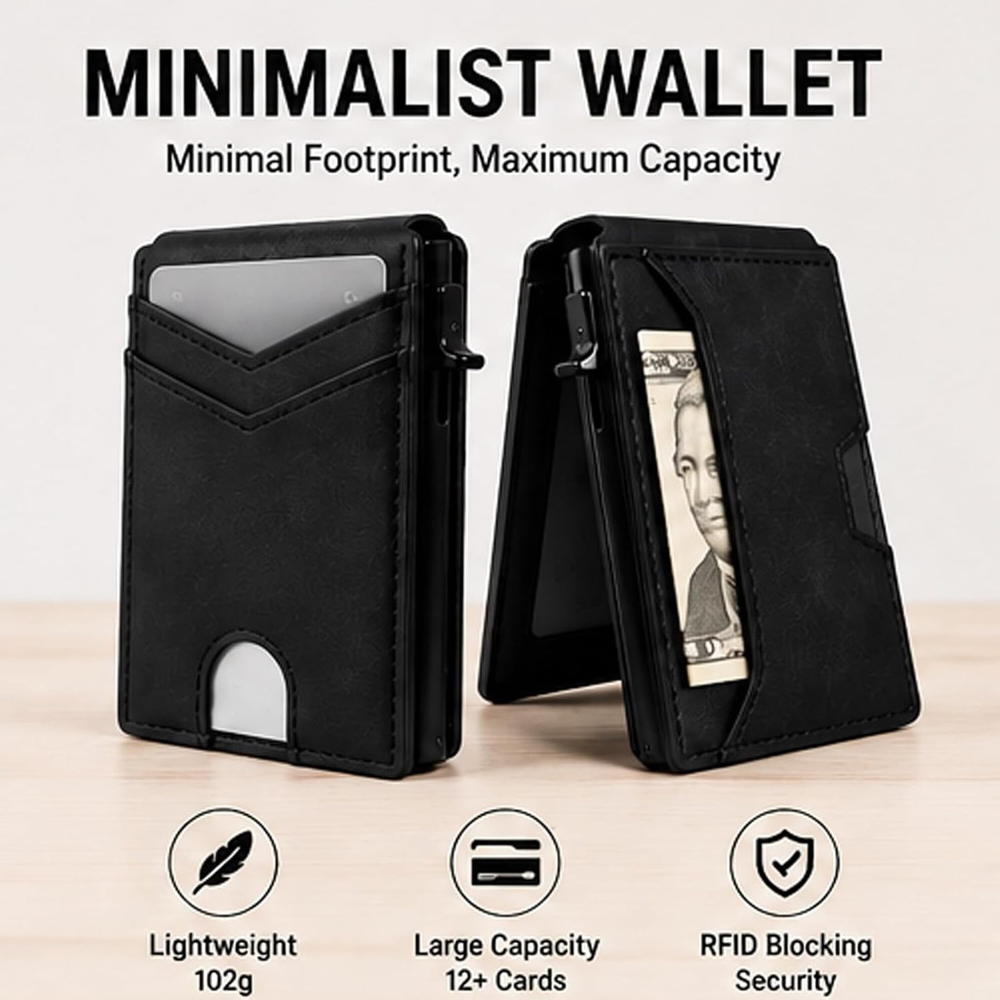 Slim Minimalist RFID Leather Wallet Pop Up Card Holder for Cash Coins & Credit Cards