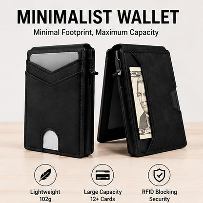 Slim Minimalist RFID Leather Wallet Pop Up Card Holder for Cash Coins & Credit Cards