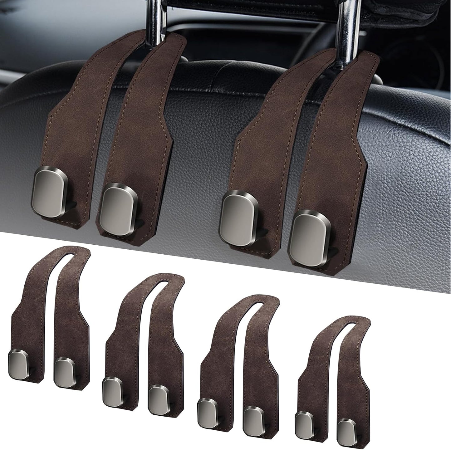 Headrest Hooks for Car, 4 Pack Car Seat Back Organizer Leather Hook
