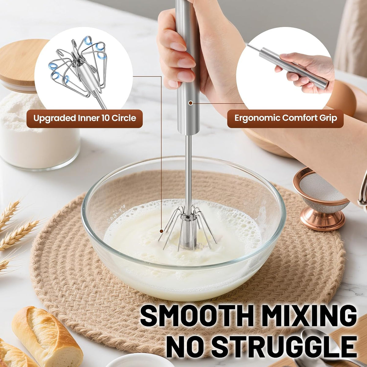 Semi-Automatic Stainless Steel Egg Beater – Hand Push Whisk for Baking