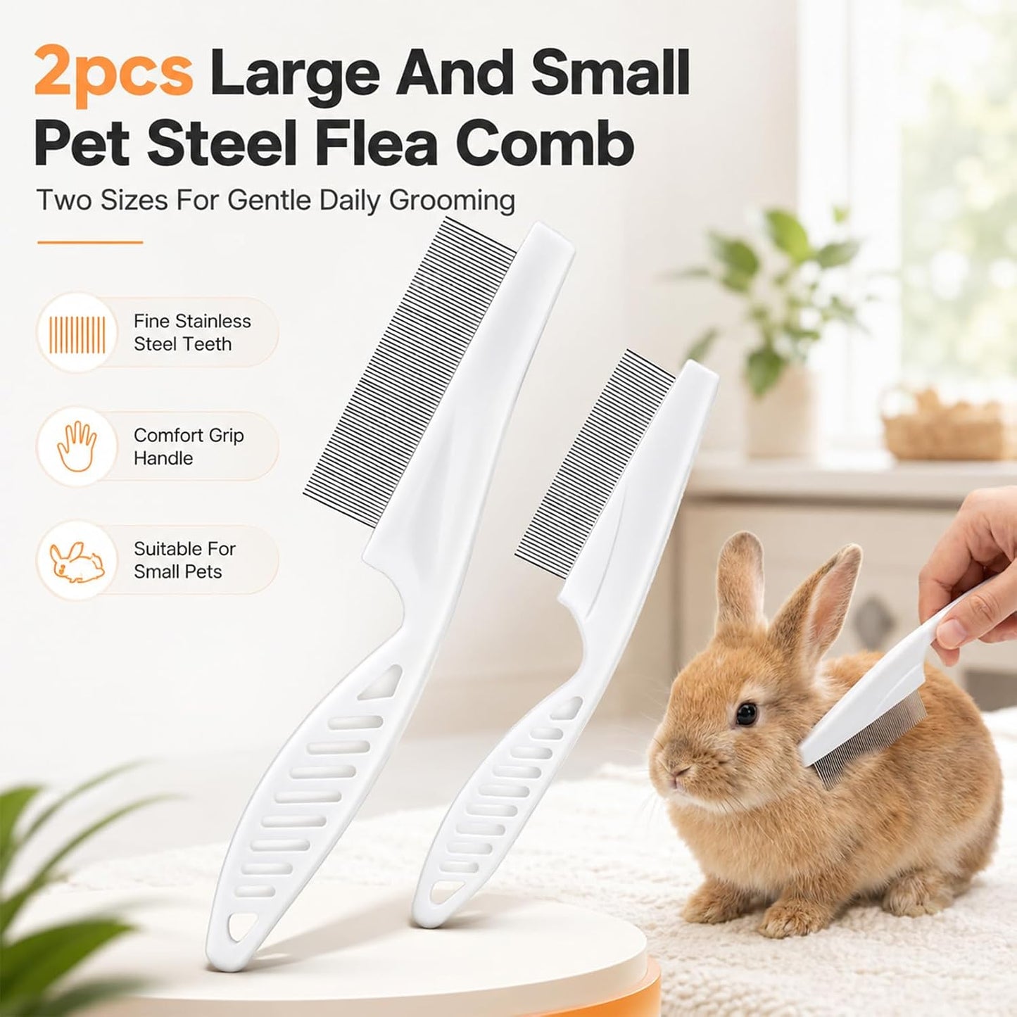 2Pcs Flea Combs Stainless Steel Rounded Teeth Brush