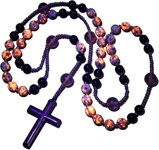 Kigeli Yooperlite Stone Rosary Necklace UV Glowing (Flashing Flame Under UV)