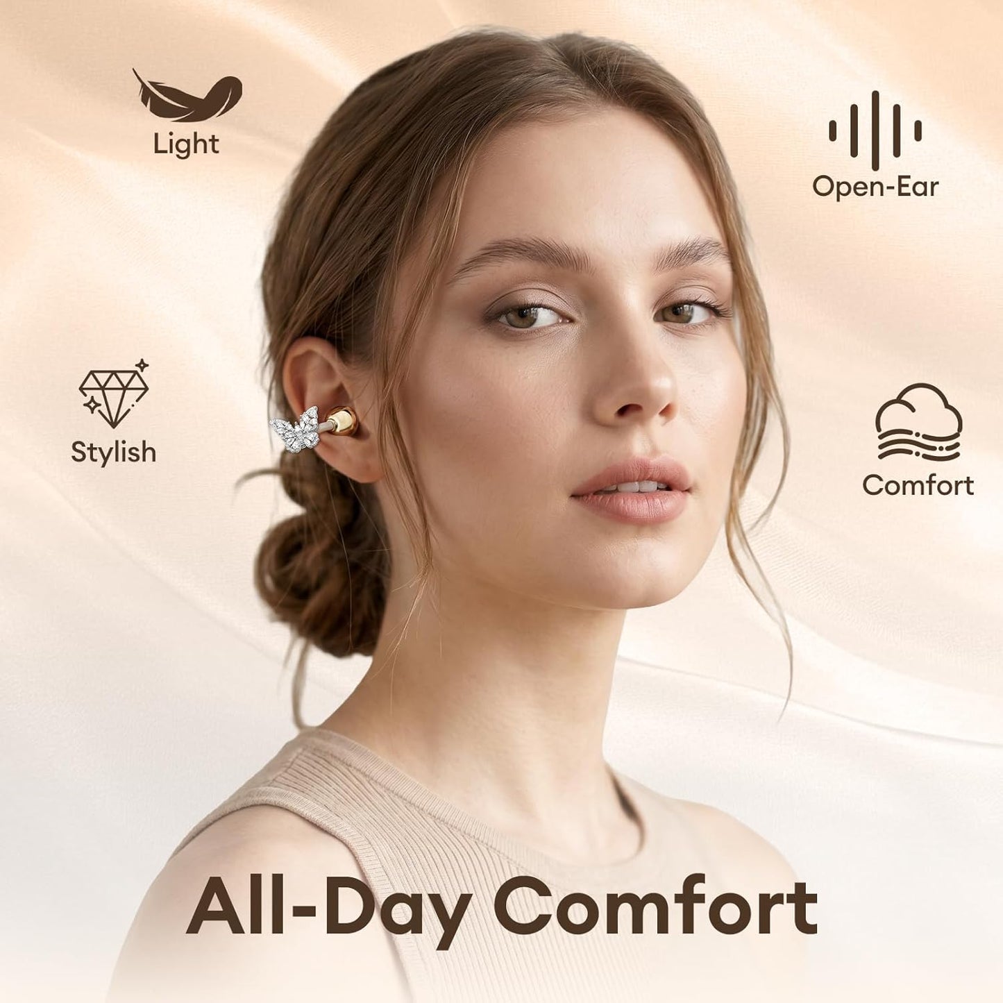 Clip On Earbuds with Detachable Diamond Butterfly Earrings