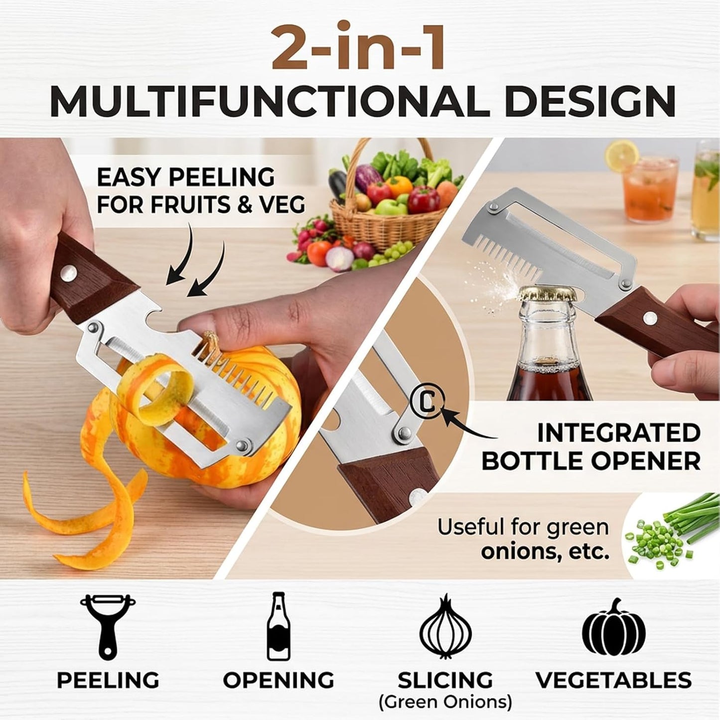 Wooden Handle Multifunctional Kitchen Vegetable Peeler