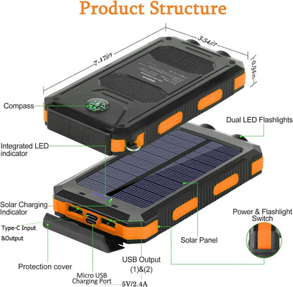 20000mAh  Fast Charging Solar Power Bank with Dual LED Flashlight & Compass