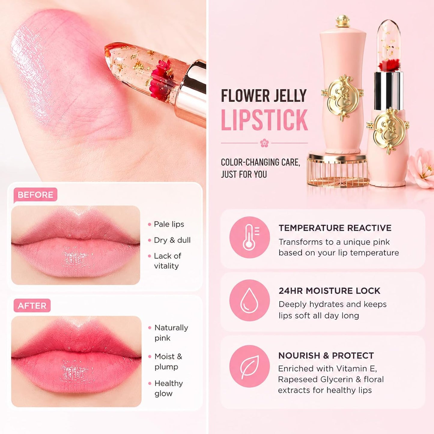 3 Pack Crystal Jelly Flower Magic Temperature Color Change Lipstick