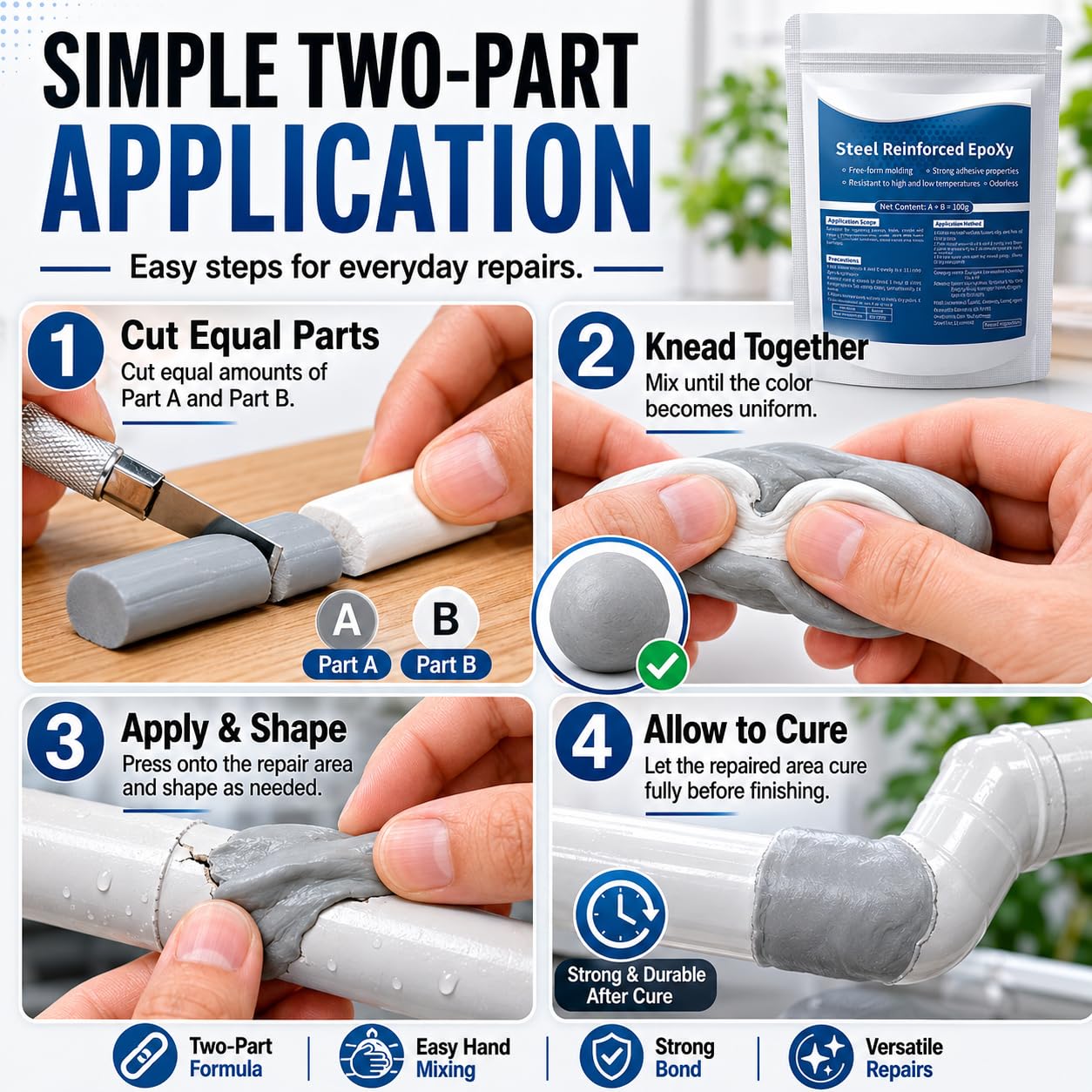 High-Strength Multi-Purpose Repair Clay Steel Reinforced Epoxy Putty