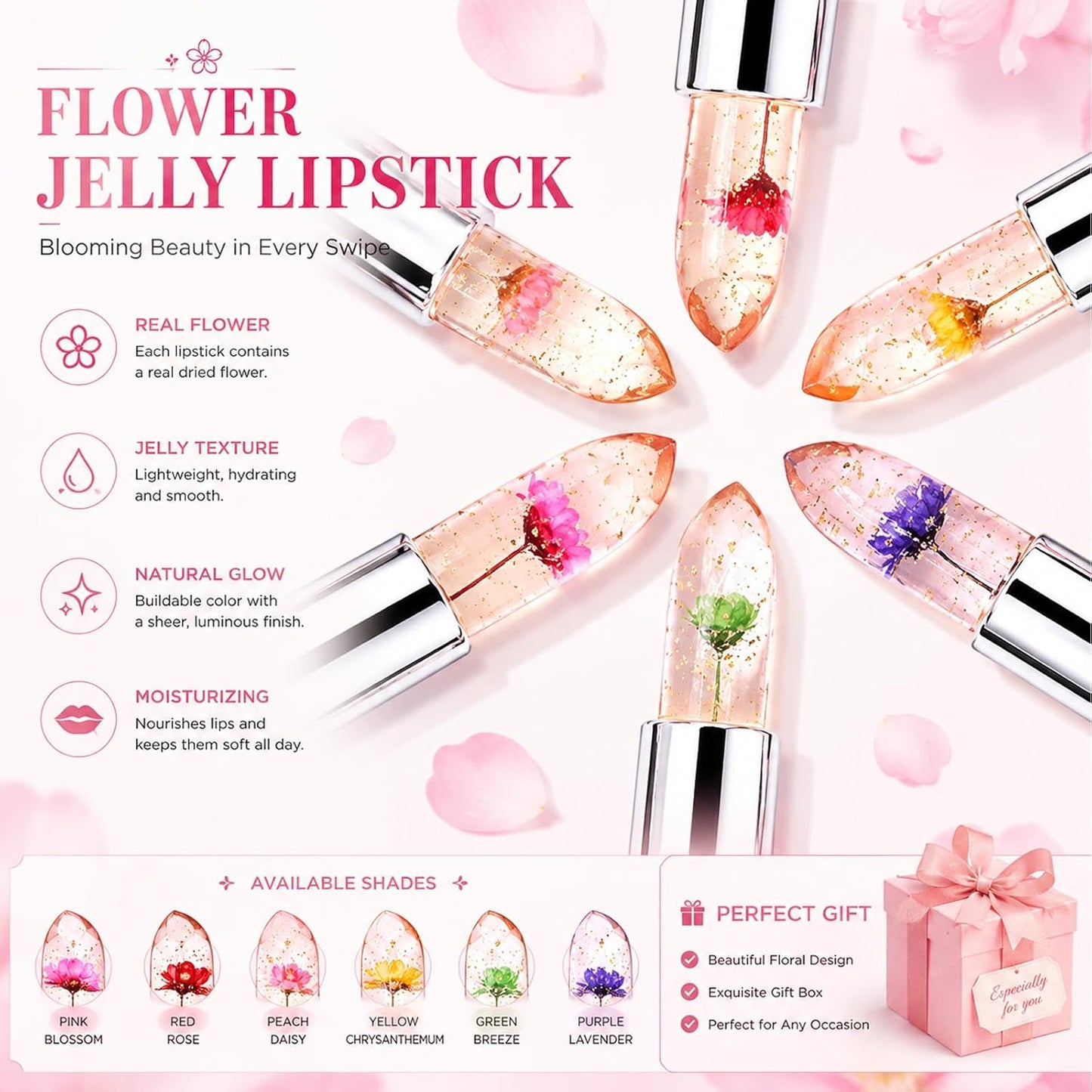 3 Pack Crystal Jelly Flower Magic Temperature Color Change Lipstick