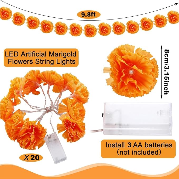 Artificial Marigold Flowers Orange Fairy Curtain Lights Battery Operated for Diwali Day of The Dead Pooja Party Decoration