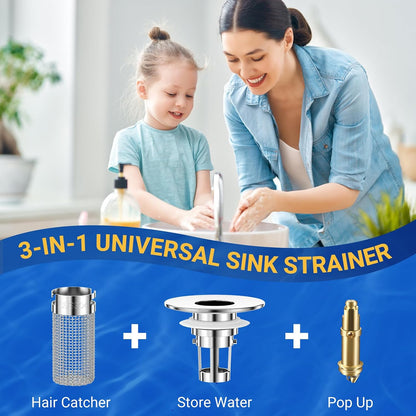 2PCS Pop-Up Bathroom Sink Drain Strainer with Removable Stainless Steel Hair Catcher Basket
