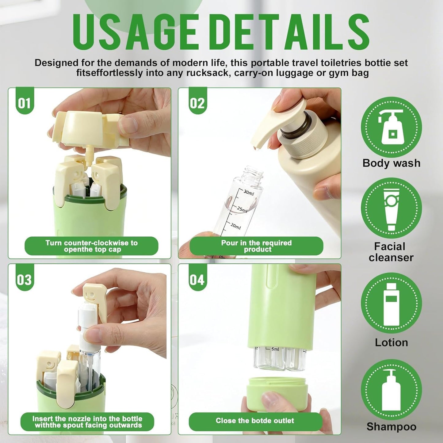 4-in-1 Travel Dispenser Bottle - Leak-Proof Refillable Silicone Squeeze Container with Lock