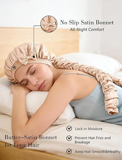 Heatless Curl Satin Bonnet for Sleeping, No Slip Sleep Bonnet with Long Curling Ribbons
