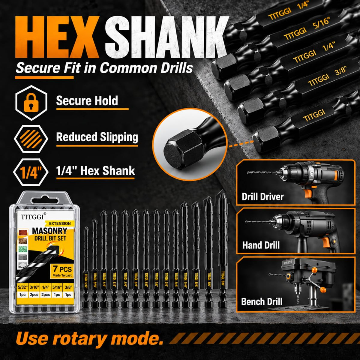 7pcs Hex Drill Bit Set Multifunction Drill Bits Kit, 3-12mm for Concrete Porcelain Tile Glass Metal Power Tools Drilling Use