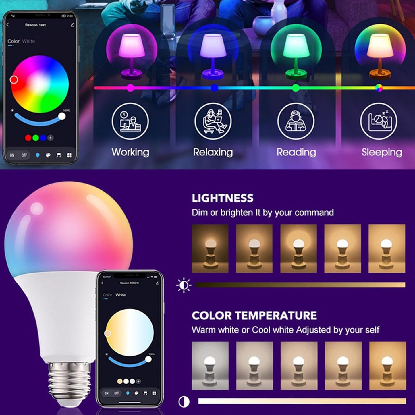2Pack RGB Smart Light Bulbs Compatible with Alexa & Google Home