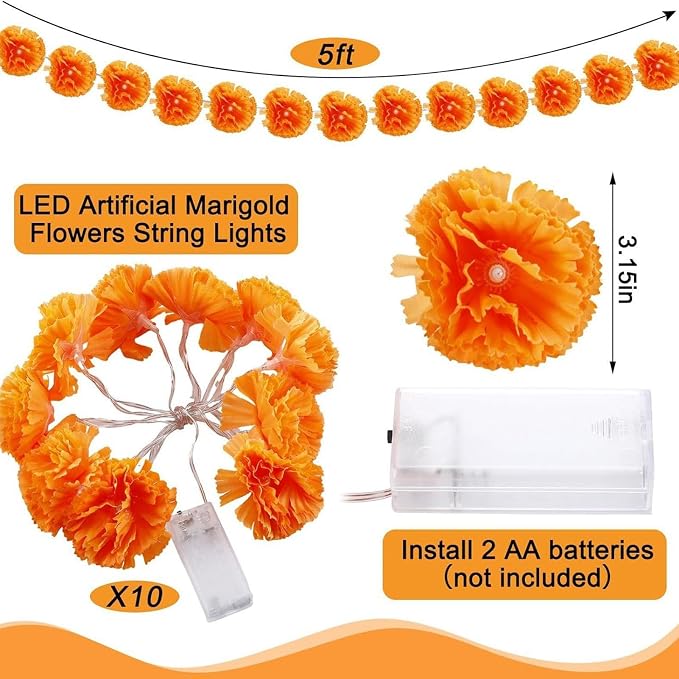 Artificial Marigold Flowers Orange Fairy Curtain Lights Battery Operated for Diwali Day of The Dead Pooja Party Decoration