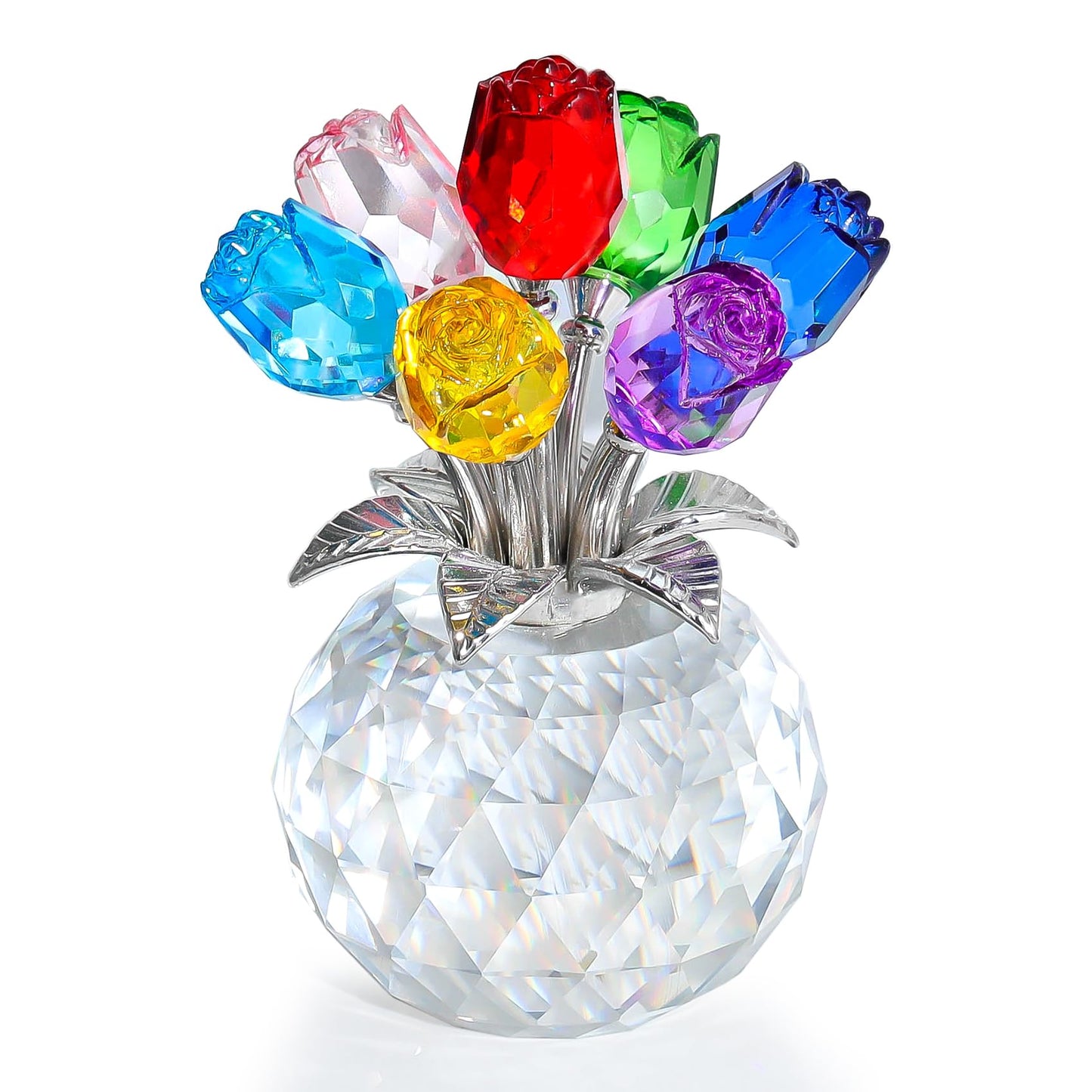 Ornalrist Crystal Colorful Rose Flower Collectible Figurine with Vase