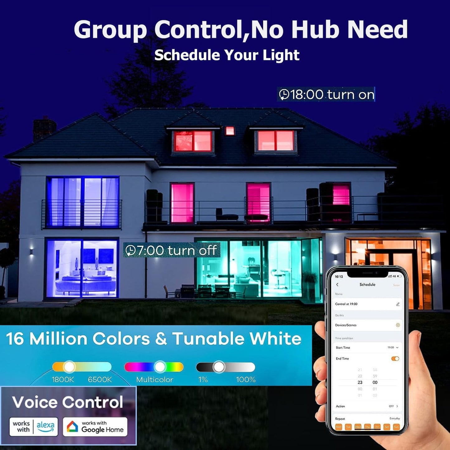 2Pack RGB Smart Light Bulbs Compatible with Alexa & Google Home