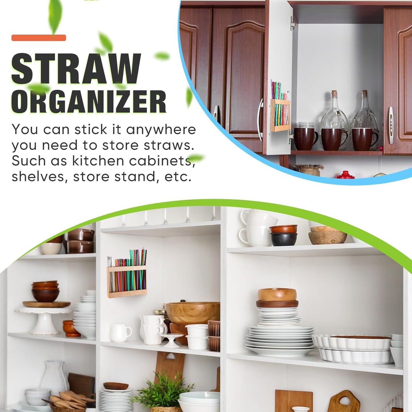 Wooden Straw Holder for Cabinet Door with Double Sided Adhesive Tape Tumbler Straw Organizer