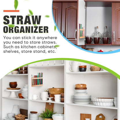 Wooden Straw Holder for Cabinet Door with Double Sided Adhesive Tape Tumbler Straw Organizer