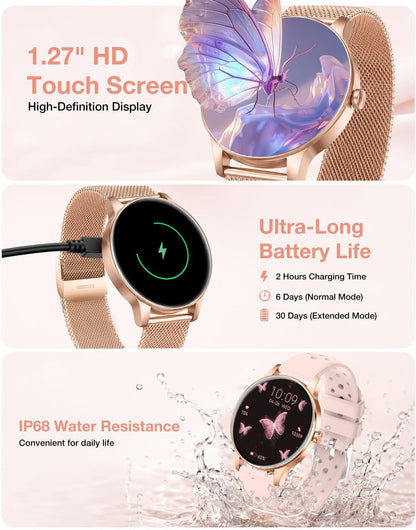 1.27" HD Fitness Tracker Smart Watch for Women 130+ Sports Modes, Heart Rate/Sleep Monitor, IP68 Waterproof, Compatible with iOS & Android
