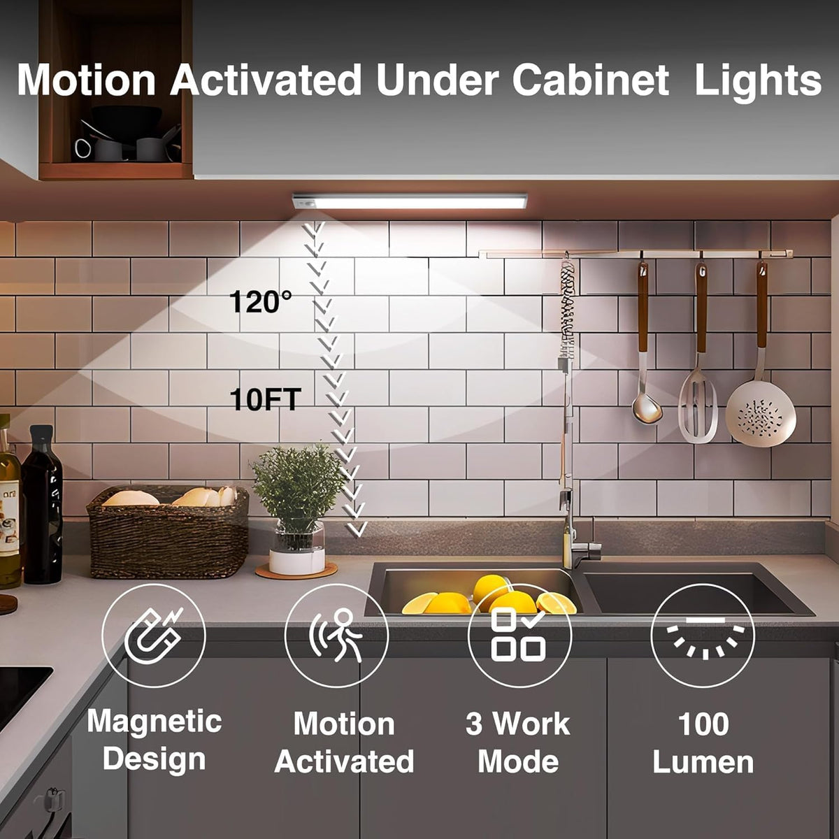 2Pack LED Motion Sensor Light,Under Counter Lighting, Wireless USB Rechargeable