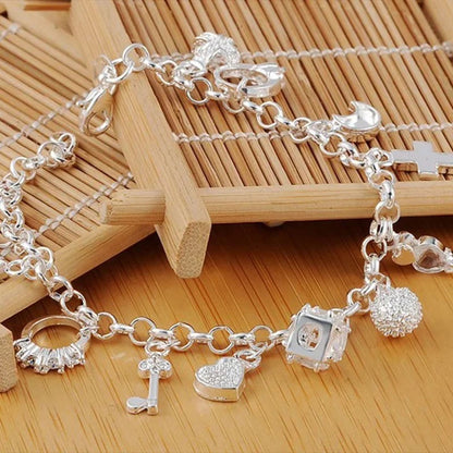 925 Sterling Silver Fashion 13pcs Pendant Chain Charm Bracelet
