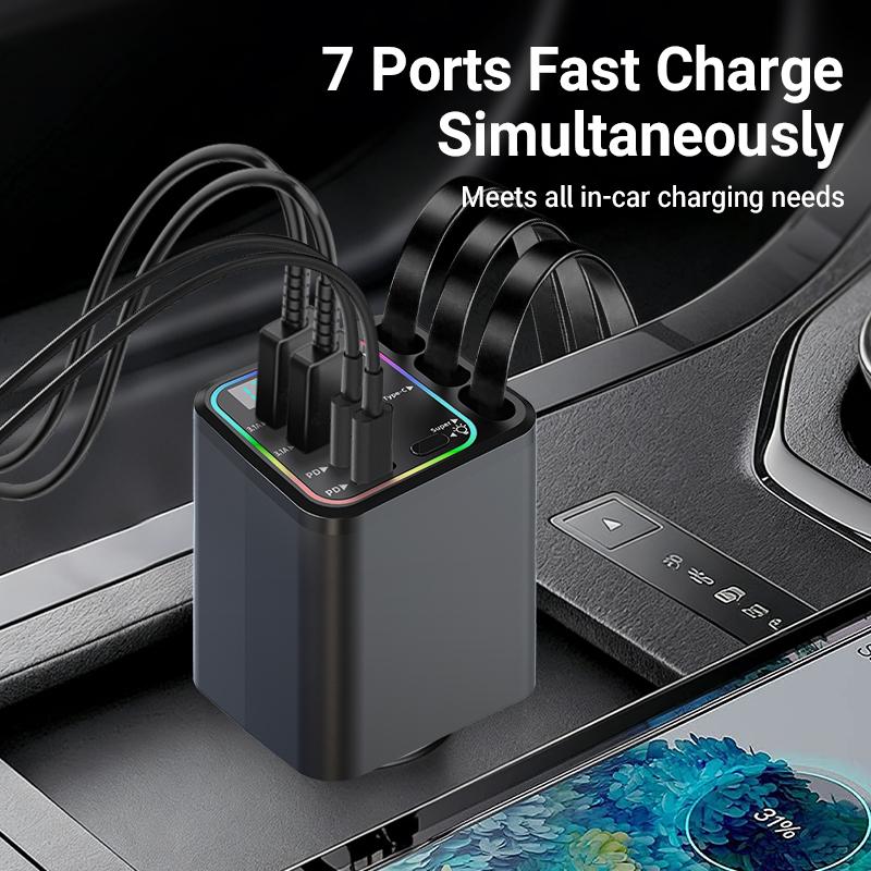 7-in-1 Retractable Car Charger: 120W Max Fast Charging Station with 3 Cables