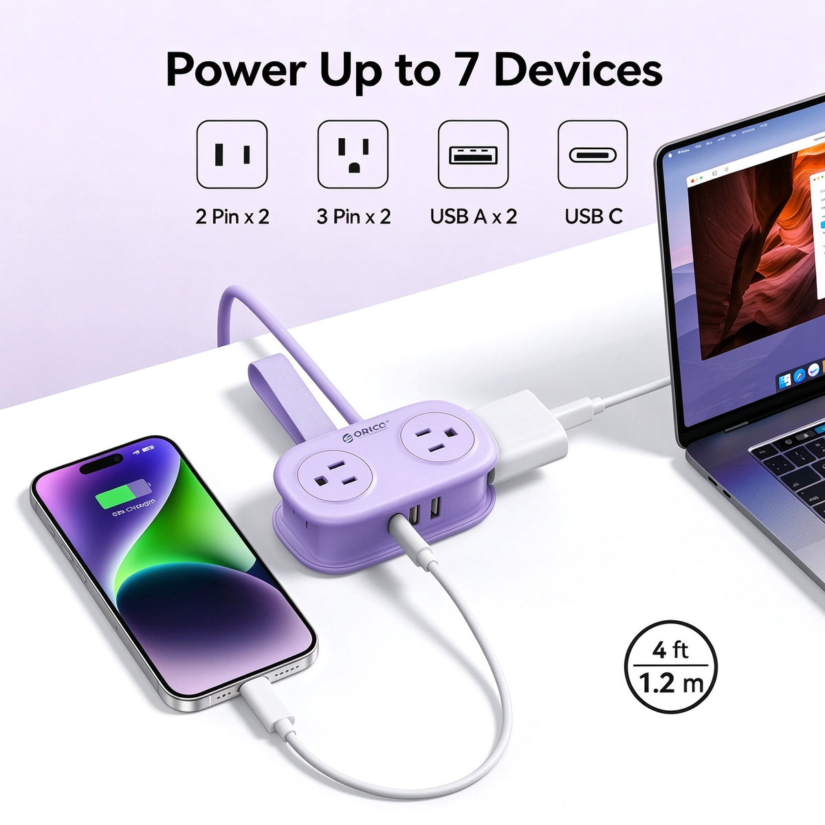 5.3FT Wrapped Extension Flat Plug Power Strip with Multiple Outlets