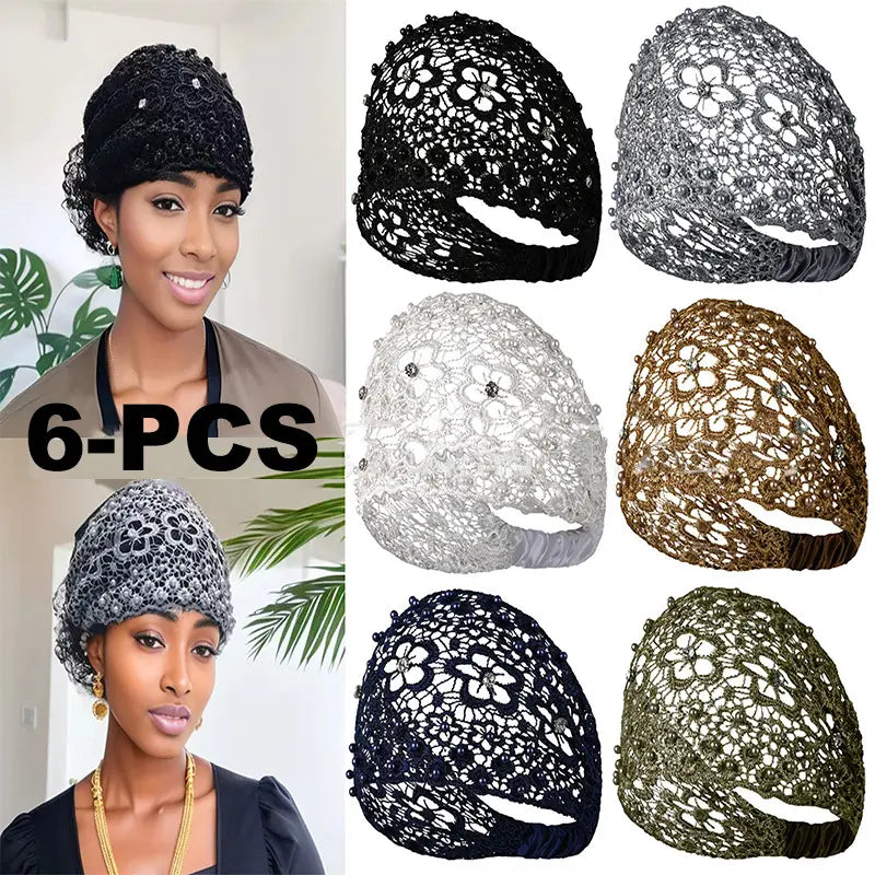 6Pcs Vintage Ethnic Floral Bead Lace Headband with Wide Edges