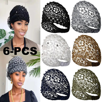 6Pcs Vintage Ethnic Floral Bead Lace Headband with Wide Edges