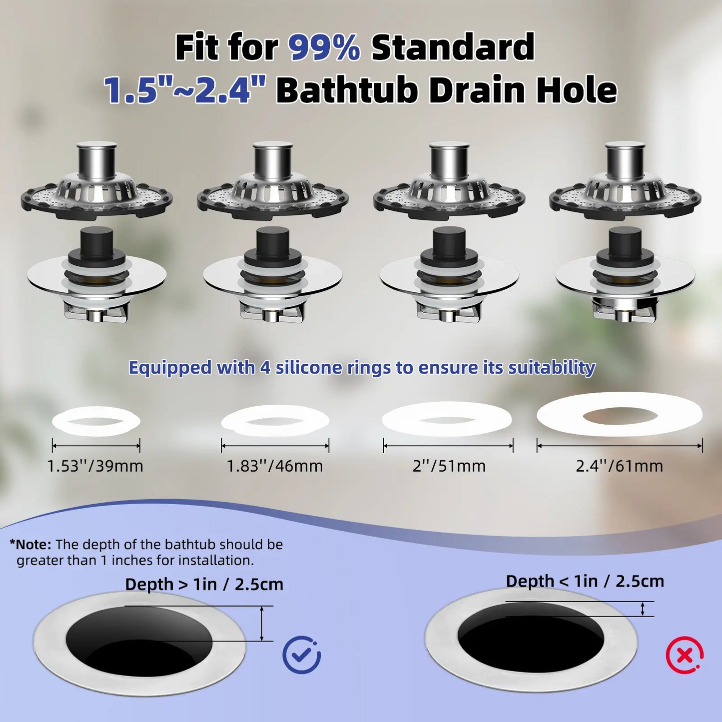 Bathtub Drain Stopper with Visible Top Hair Catcher