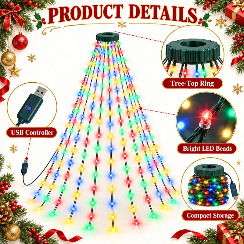 USB-Powered LED Christmas Tree Waterfall String Lights – 8 Lighting Modes