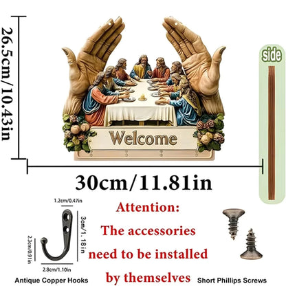 2D Flat Jesus and Disciples Wall Art Keychain, Key Holder Wall Mount with 4 Metal Hooks