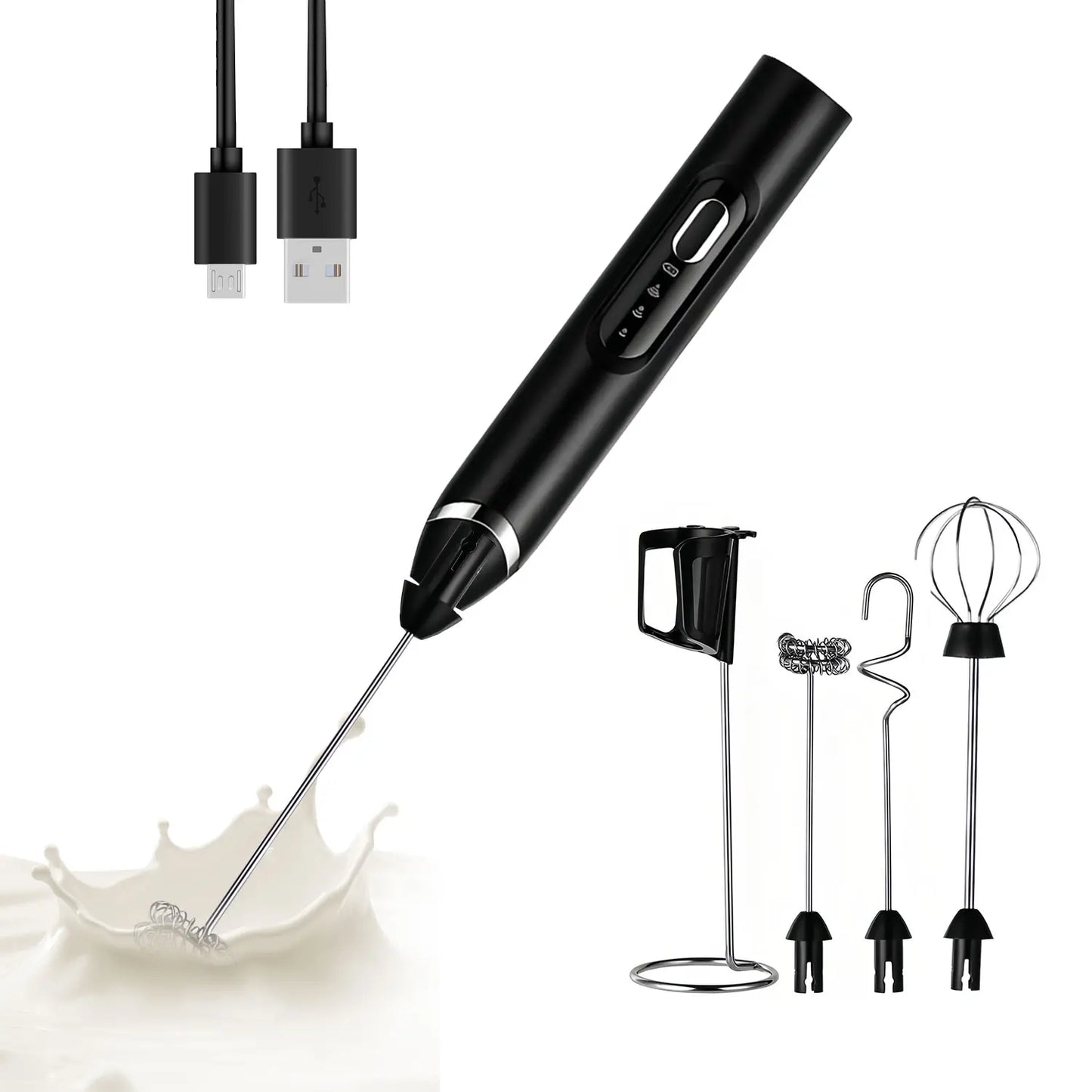 2026 Upgraded Rechargeable Milk Frother – Handheld Electric Coffee Mixer with 3 Whisks
