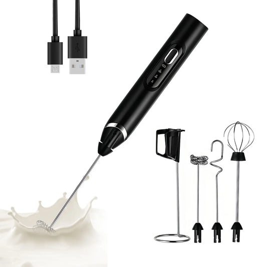 2026 Upgraded Rechargeable Milk Frother – Handheld Electric Coffee Mixer with 3 Whisks