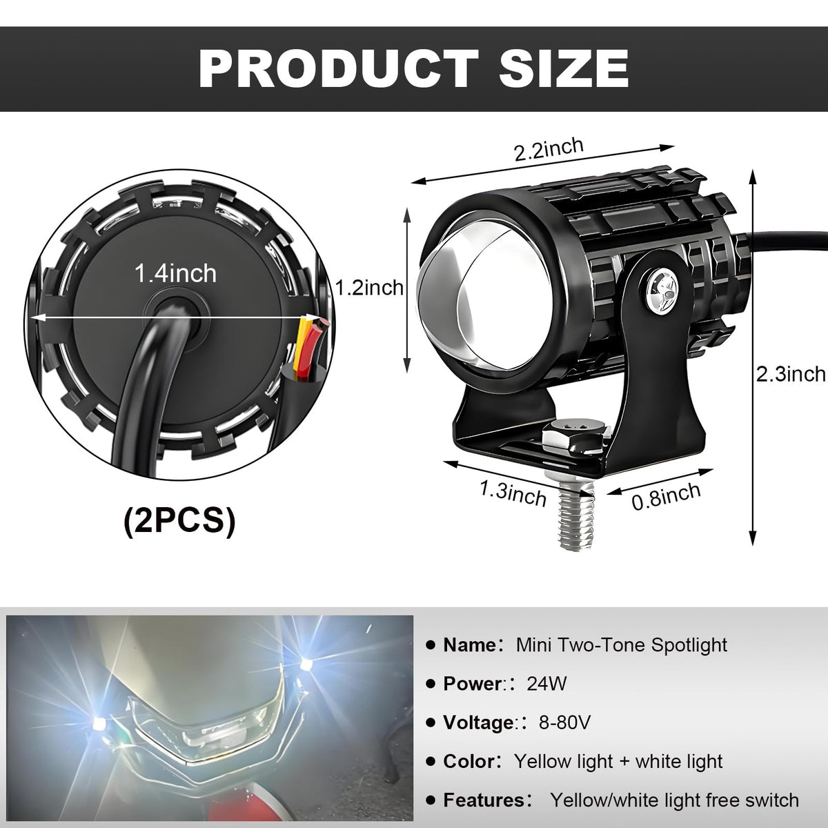 2 PCS Motorcycle LED Driving Fog Lights, 12W 12-80V White/Amber Spotlights with Switches