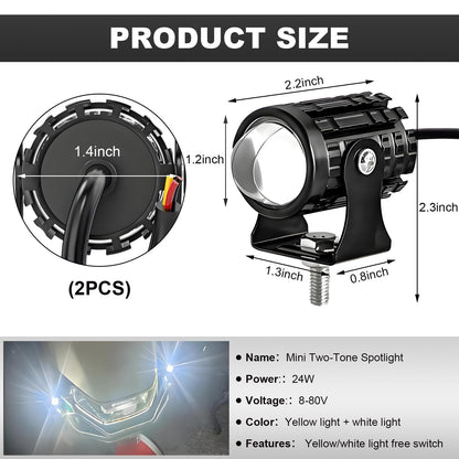 2 PCS Motorcycle LED Driving Fog Lights, 12W 12-80V White/Amber Spotlights with Switches