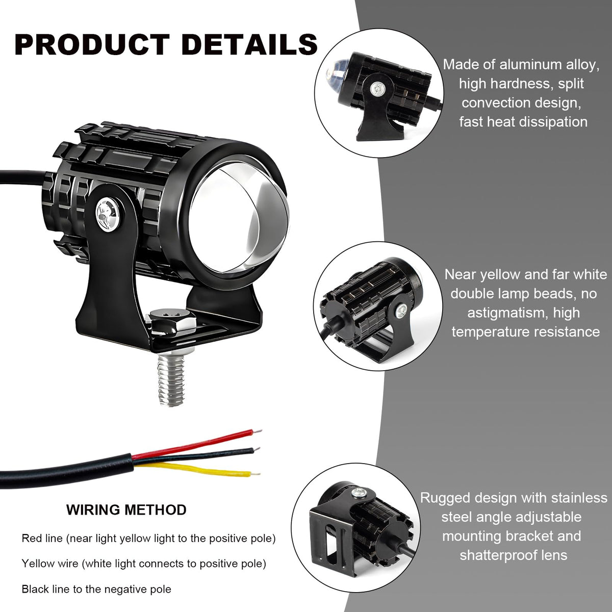 2 PCS Motorcycle LED Driving Fog Lights, 12W 12-80V White/Amber Spotlights with Switches