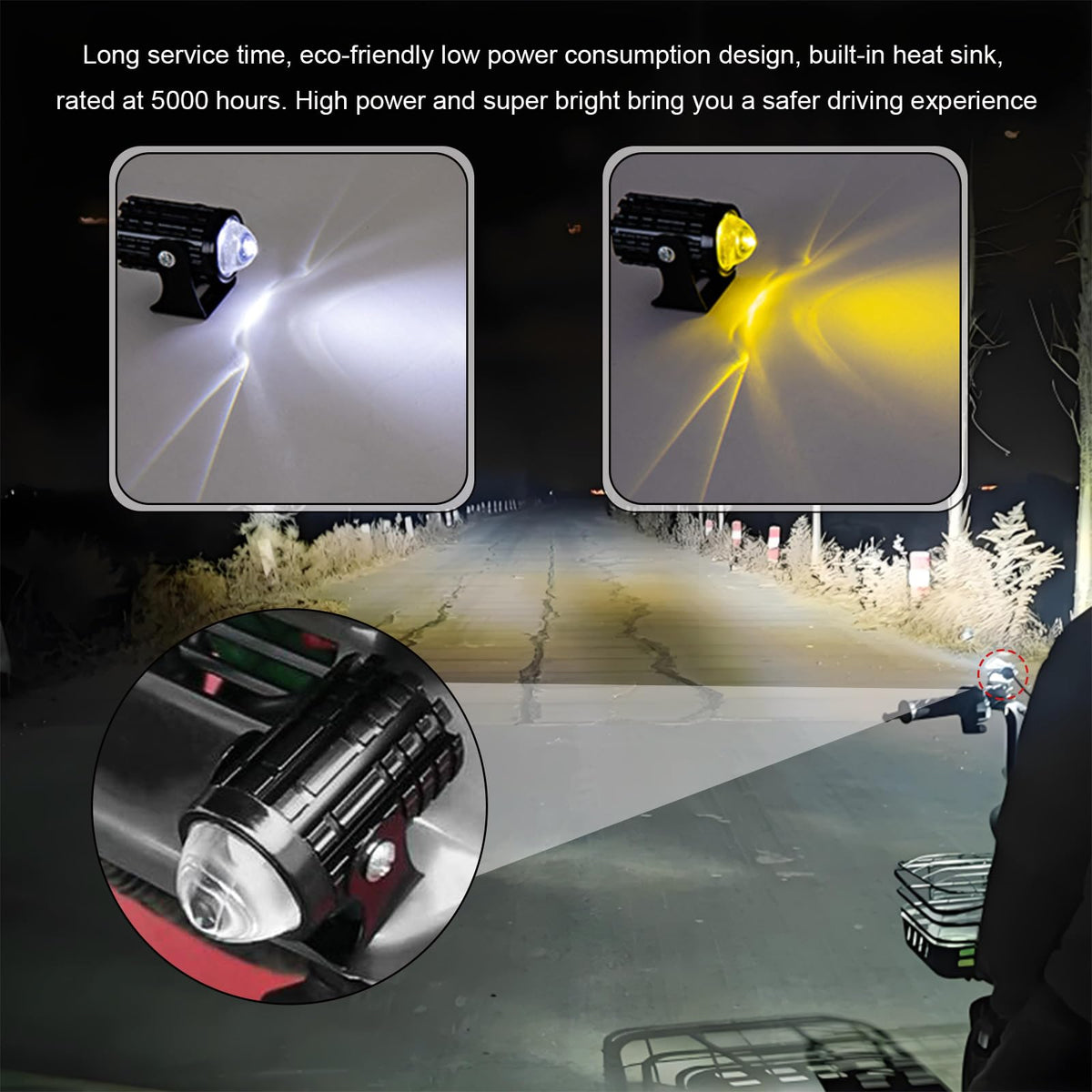 2 PCS Motorcycle LED Driving Fog Lights, 12W 12-80V White/Amber Spotlights with Switches