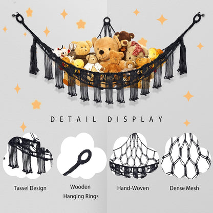Hand-knitted Large Plushie Net Toy Hammock with Wooden Rings