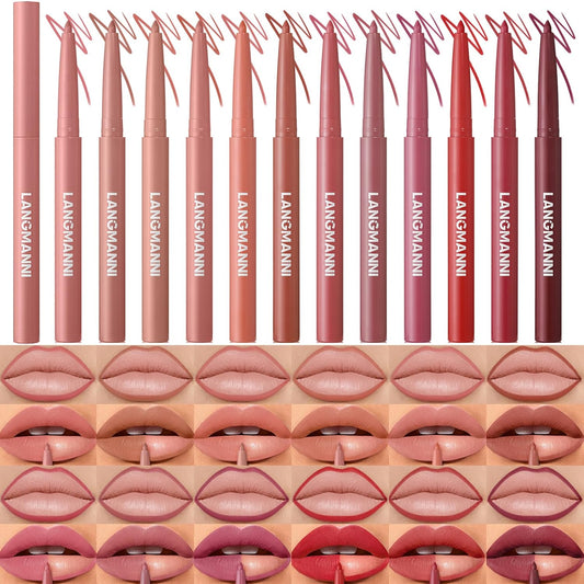 12 Colors Sculpting Matte Velvet Lip Liner Set, Smooth Creamy Texture,Waterproof And High Pigmented